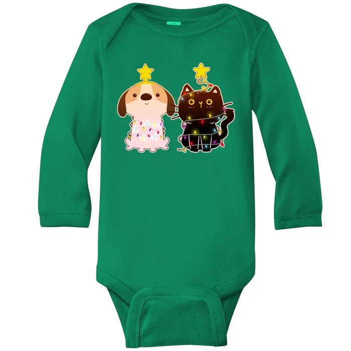 Cute Puppy and Kitten Christmas Lights Baby Long Sleeve Bodysuit