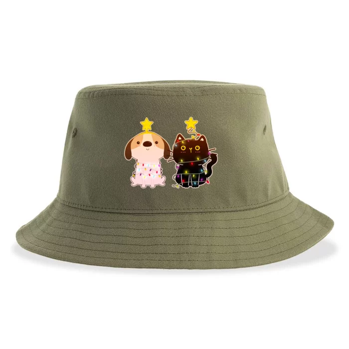 Cute Puppy and Kitten Christmas Lights Sustainable Bucket Hat