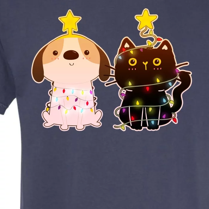 Cute Puppy and Kitten Christmas Lights Garment-Dyed Heavyweight T-Shirt