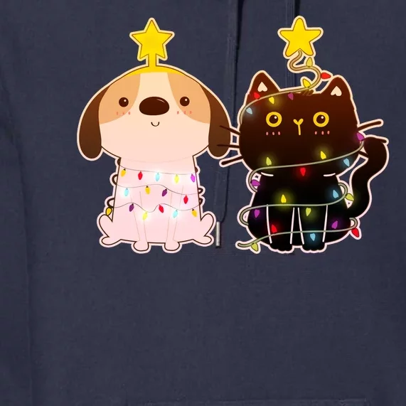 Cute Puppy and Kitten Christmas Lights Premium Hoodie