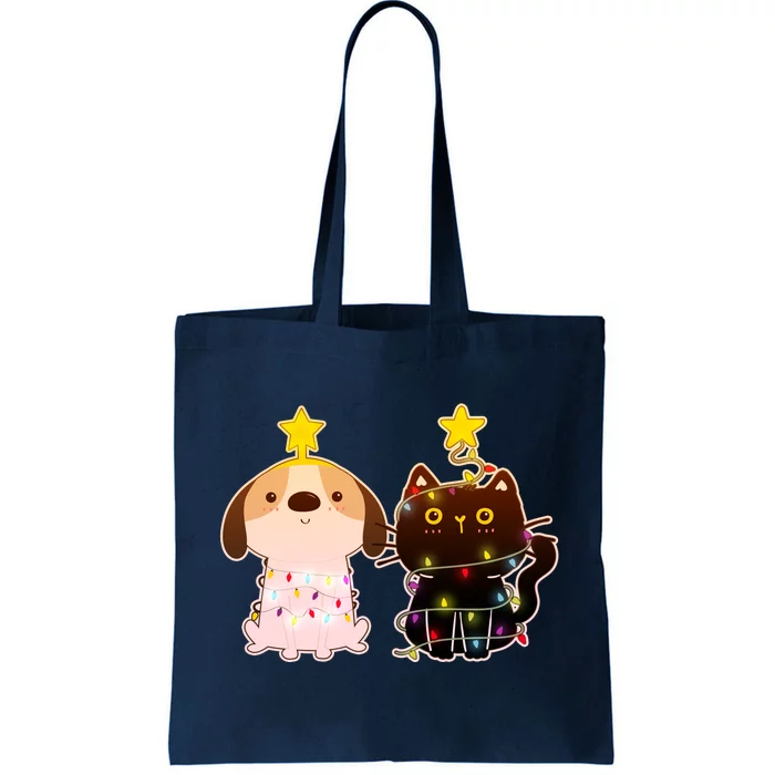 Cute Puppy and Kitten Christmas Lights Tote Bag