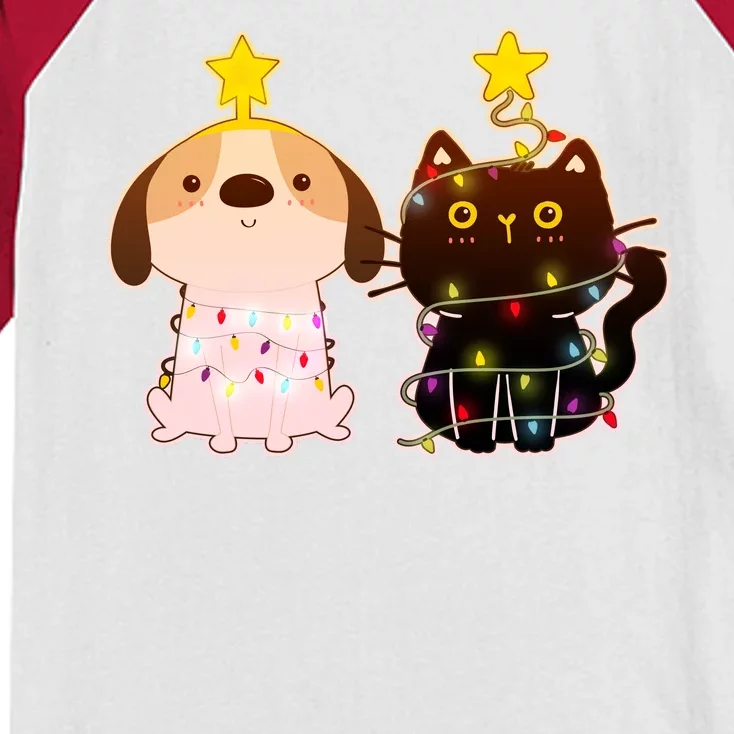 Cute Puppy and Kitten Christmas Lights Kids Colorblock Raglan Jersey