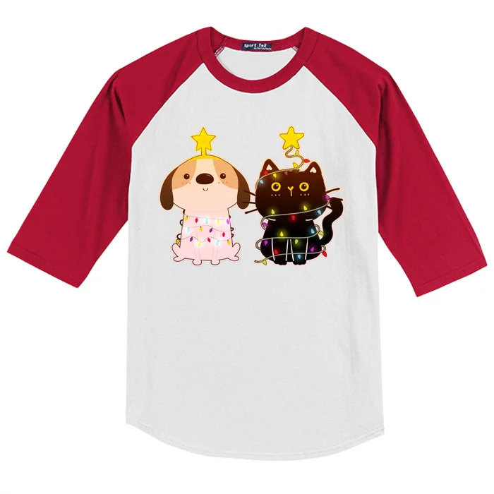 Cute Puppy and Kitten Christmas Lights Kids Colorblock Raglan Jersey