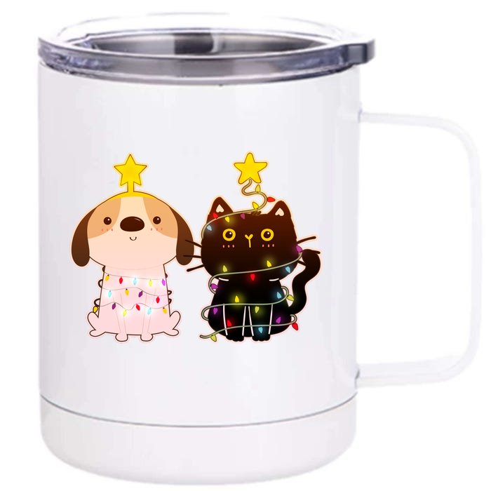 Cute Puppy and Kitten Christmas Lights Front & Back 12oz Stainless Steel Tumbler Cup