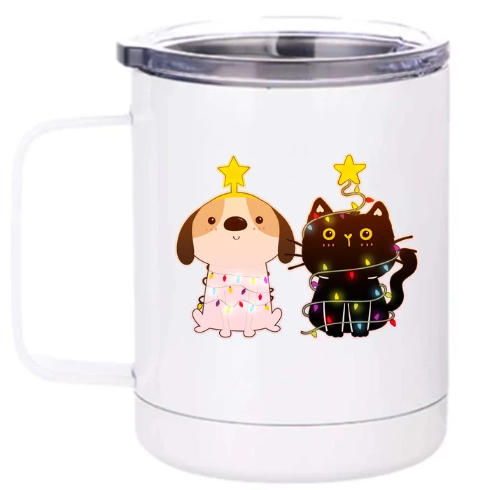 Cute Puppy and Kitten Christmas Lights Front & Back 12oz Stainless Steel Tumbler Cup