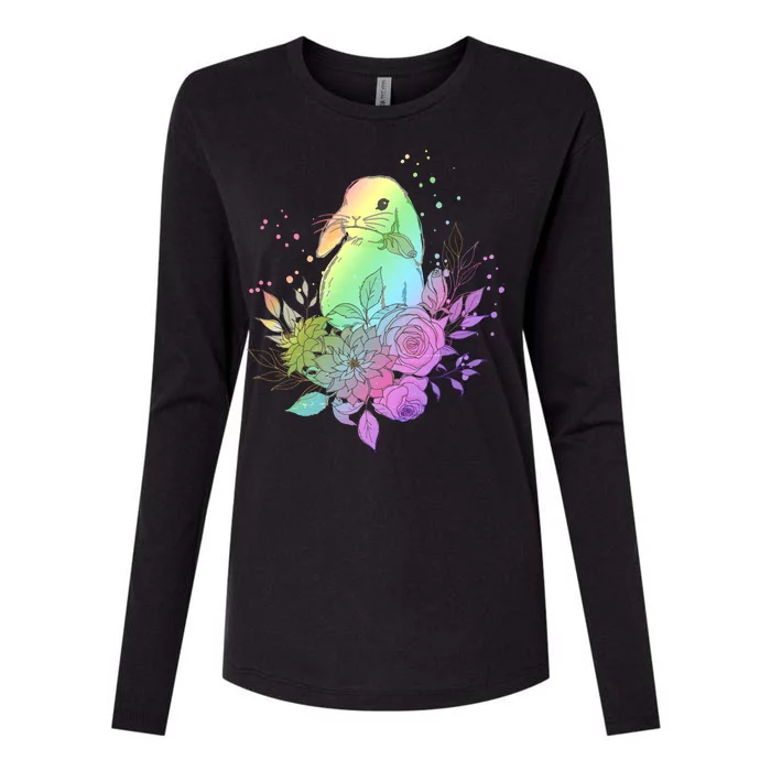 Cute Rainbow Pastel Easter Bunny Womens Cotton Relaxed Long Sleeve T-Shirt