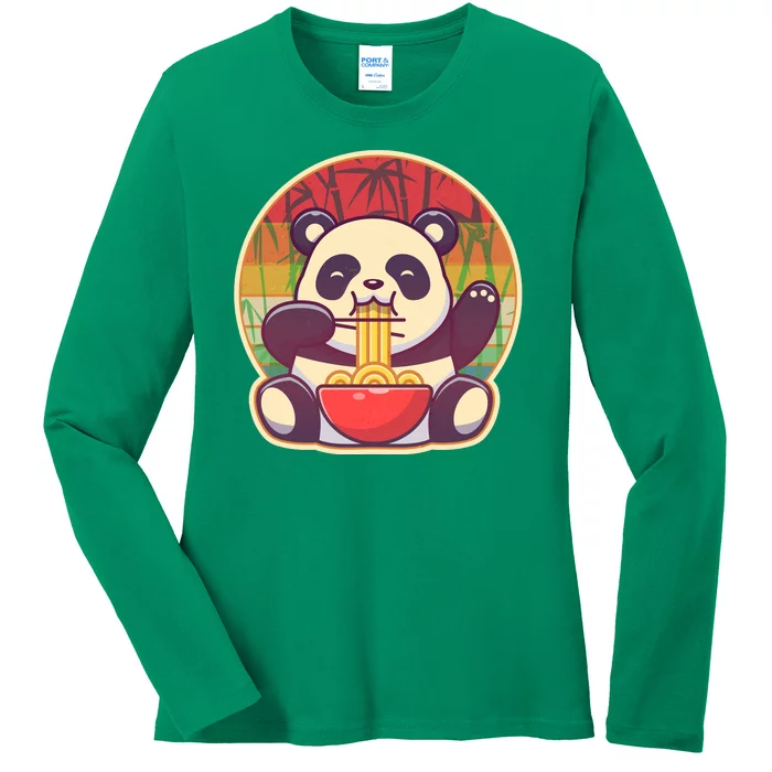 Cute Retro Ramen Noodle Panda Ladies Long Sleeve Shirt