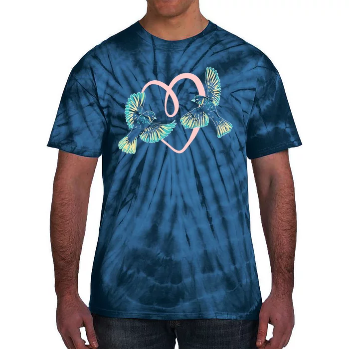 Cute Ribbon Heart Flying Birds Tie-Dye T-Shirt