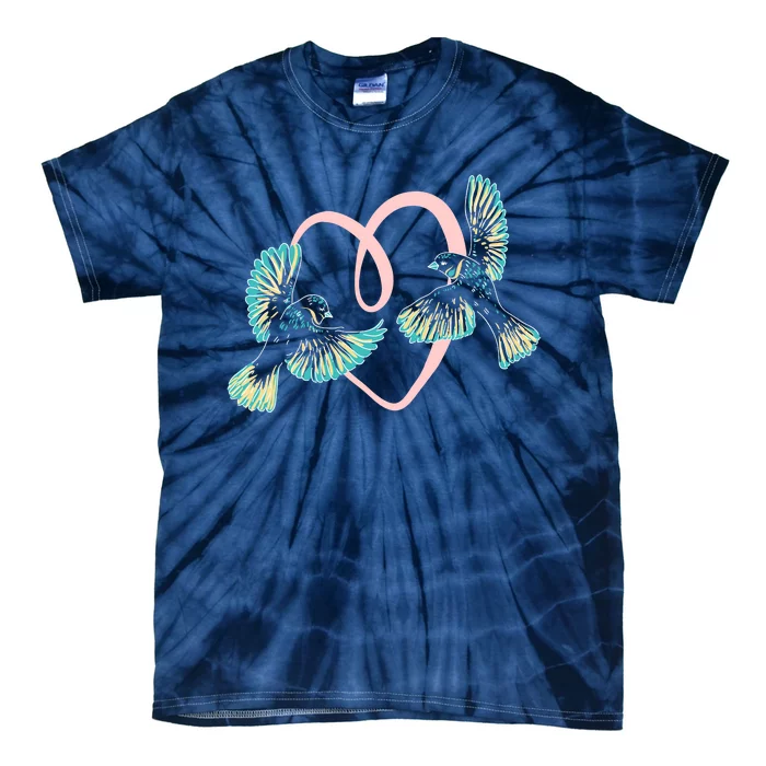 Cute Ribbon Heart Flying Birds Tie-Dye T-Shirt