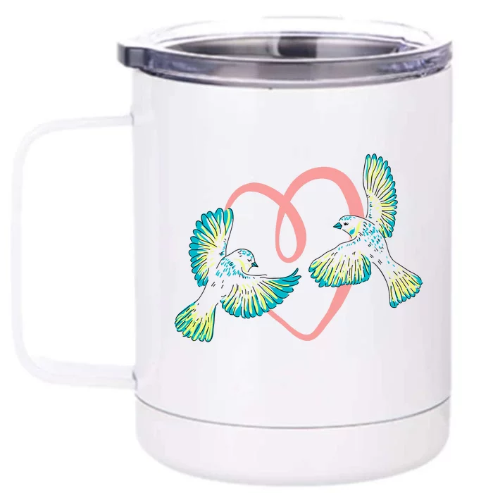 Cute Ribbon Heart Flying Birds Front & Back 12oz Stainless Steel Tumbler Cup