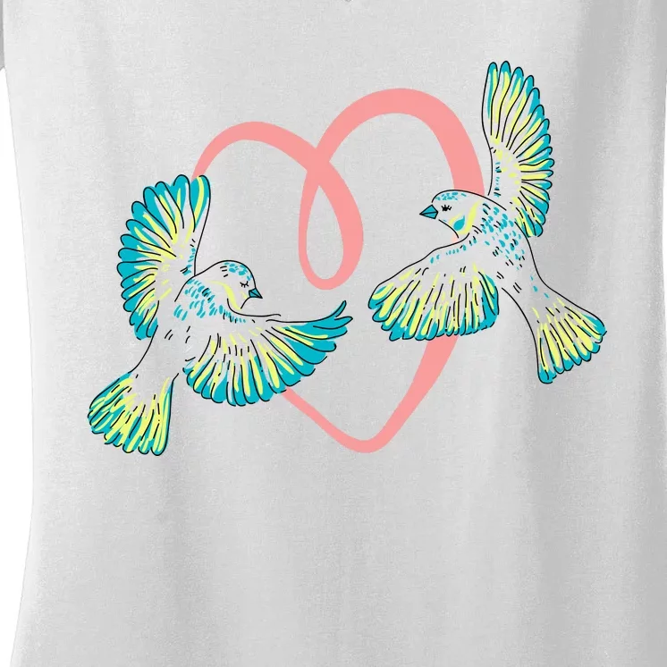 Cute Ribbon Heart Flying Birds Women's V-Neck T-Shirt