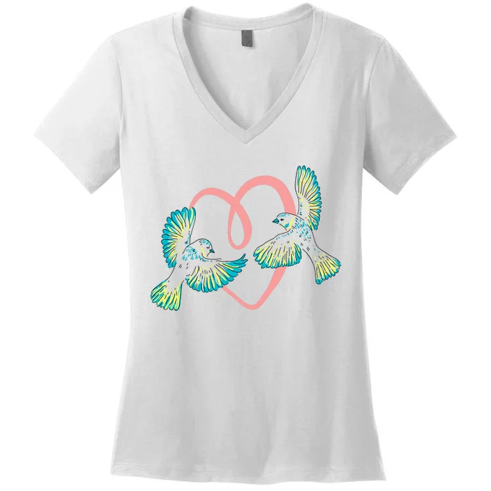 Cute Ribbon Heart Flying Birds Women's V-Neck T-Shirt