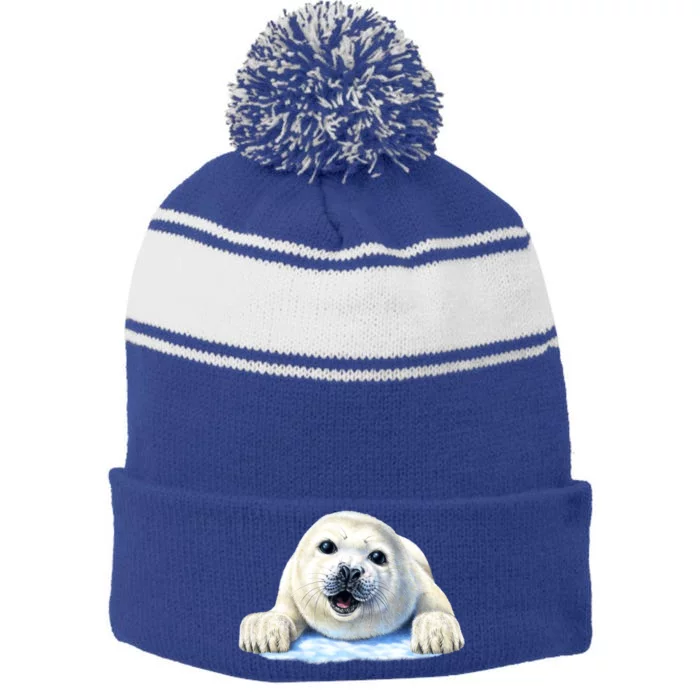 Cute Seal Wildlife Stripe Pom Pom Beanie