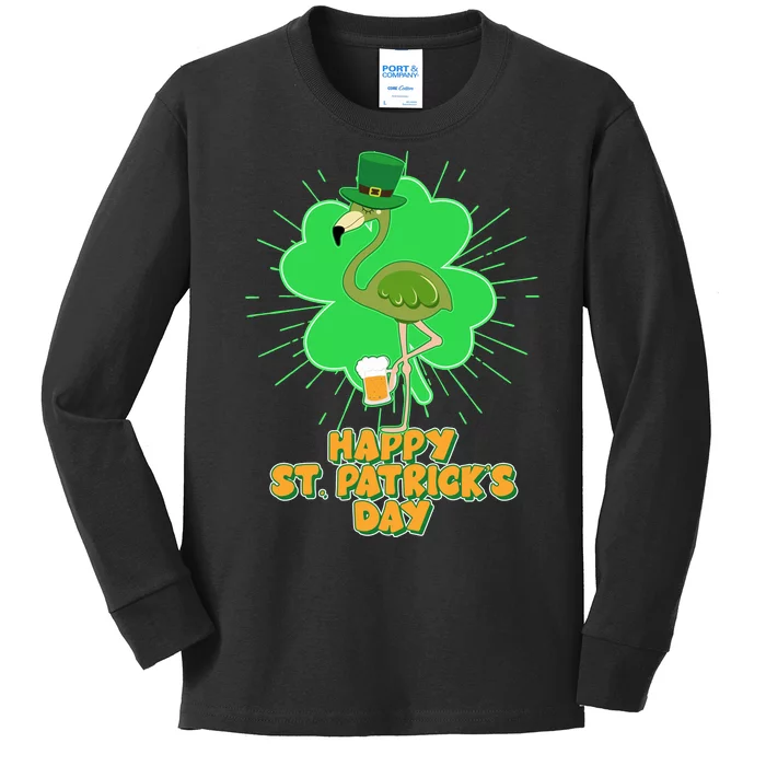 Cute St. Patrick's Day Flamingo With Beer Kids Long Sleeve Shirt