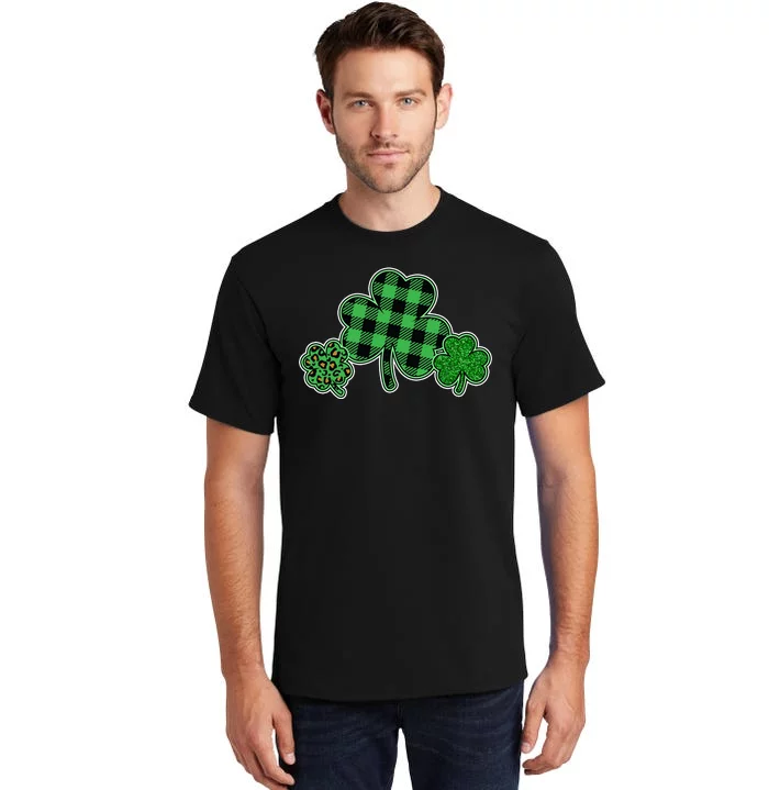 Cute St Patrick's Day Plaid Leopard Print Shamrocks Clovers Tall T-Shirt