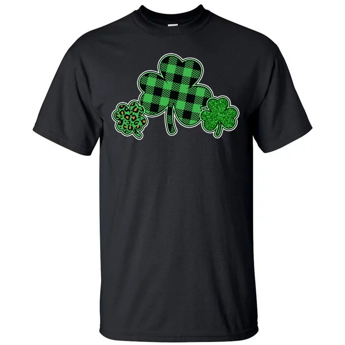 Cute St Patrick's Day Plaid Leopard Print Shamrocks Clovers Tall T-Shirt