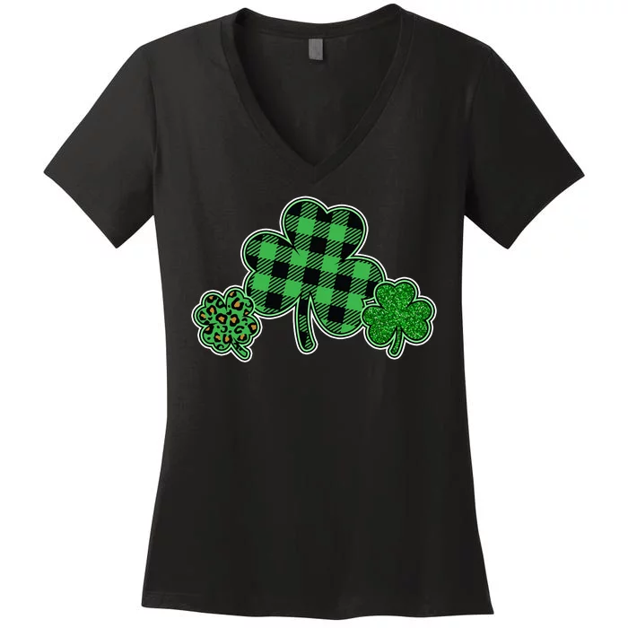 Cute St Patrick's Day Plaid Leopard Print Shamrocks Clovers Women's V-Neck T-Shirt