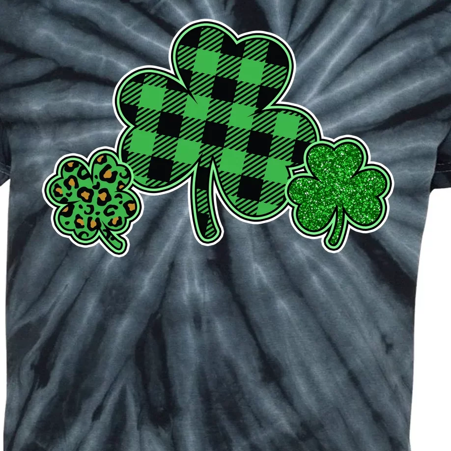 Cute St Patrick's Day Plaid Leopard Print Shamrocks Clovers Kids Tie-Dye T-Shirt