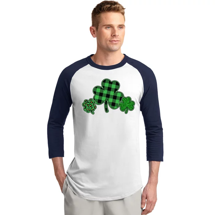 Cute St Patrick's Day Plaid Leopard Print Shamrocks Clovers Baseball Sleeve Shirt