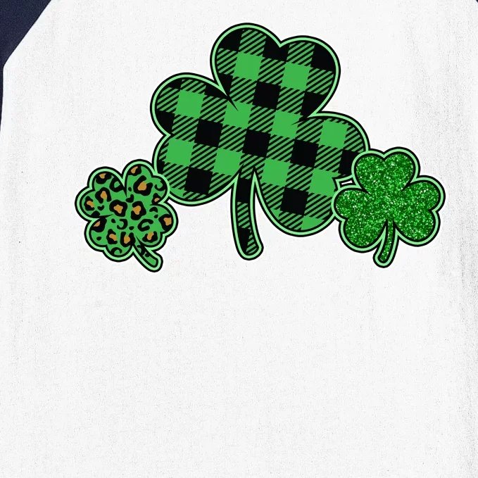 Cute St Patrick's Day Plaid Leopard Print Shamrocks Clovers Baseball Sleeve Shirt