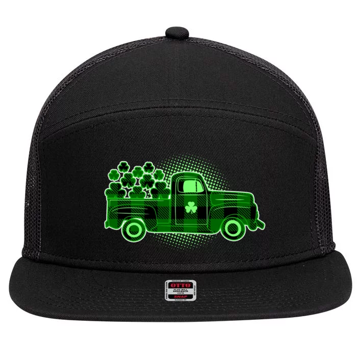 Cute St Patrick's Day Plaid Pick Up Truck Full Of Shamrocks Clovers 7 Panel Mesh Trucker Snapback Hat