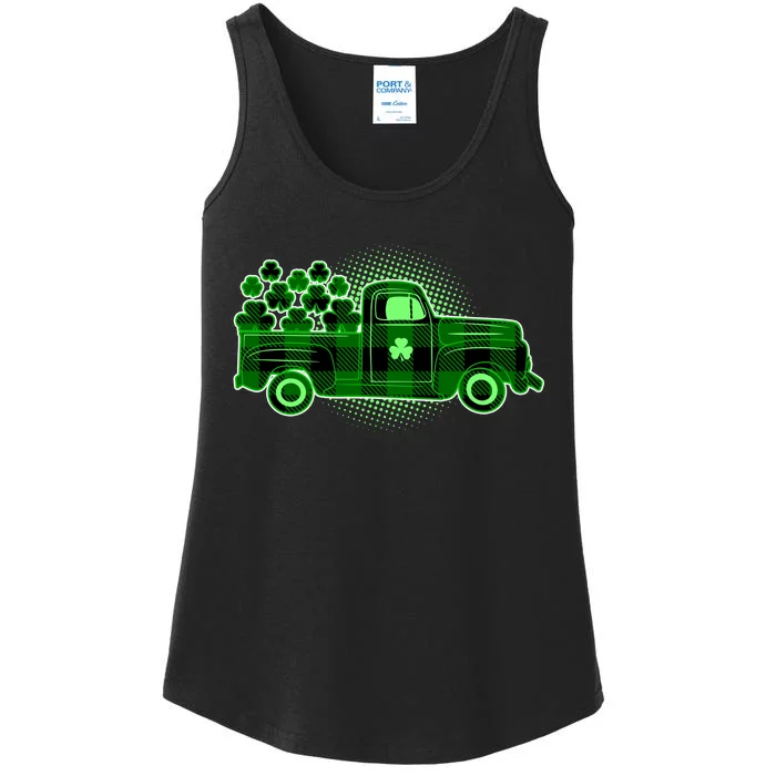 Cute St Patrick's Day Plaid Pick Up Truck Full Of Shamrocks Clovers Ladies Essential Tank