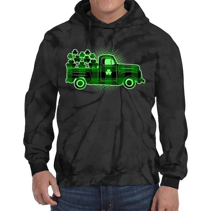 Cute St Patrick's Day Plaid Pick Up Truck Full Of Shamrocks Clovers Tie Dye Hoodie