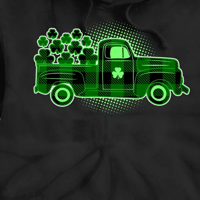 Cute St Patrick's Day Plaid Pick Up Truck Full Of Shamrocks Clovers Tie Dye Hoodie