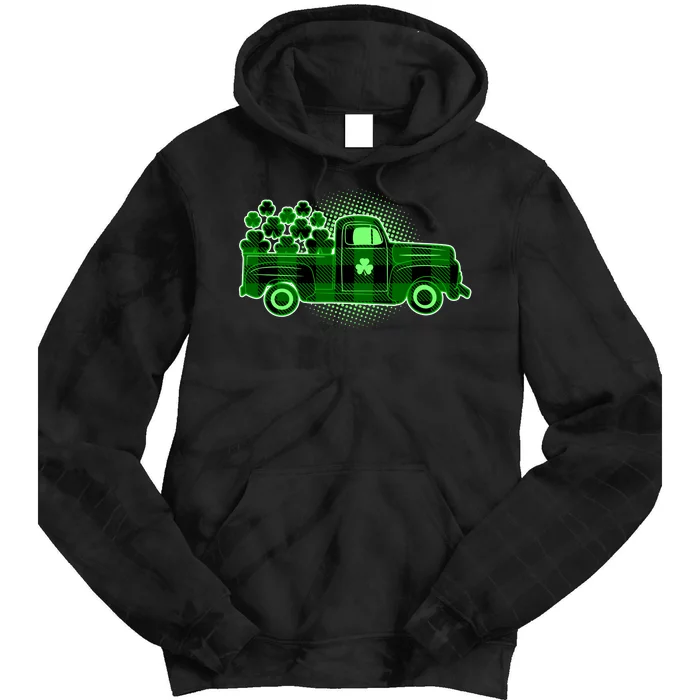 Cute St Patrick's Day Plaid Pick Up Truck Full Of Shamrocks Clovers Tie Dye Hoodie