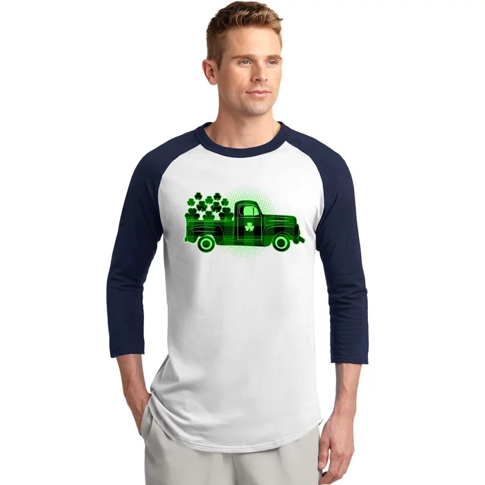 Cute St Patrick's Day Plaid Pick Up Truck Full Of Shamrocks Clovers Baseball Sleeve Shirt