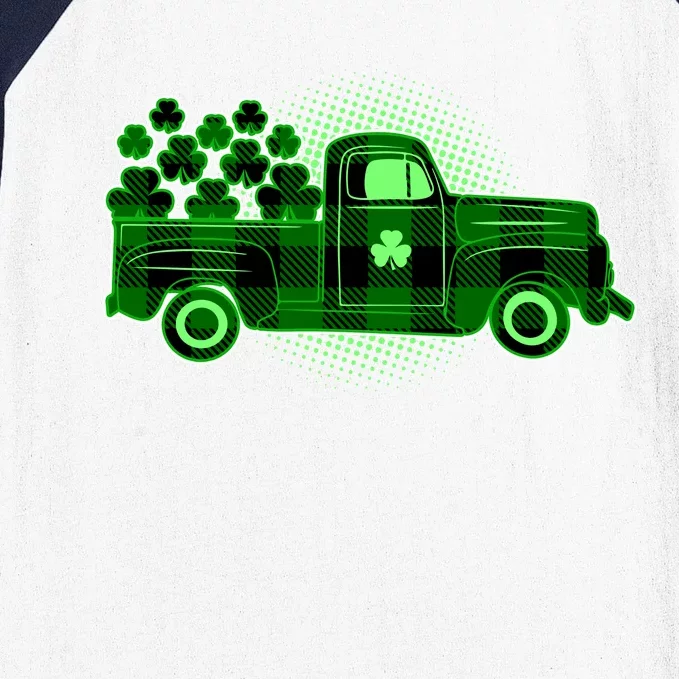 Cute St Patrick's Day Plaid Pick Up Truck Full Of Shamrocks Clovers Baseball Sleeve Shirt