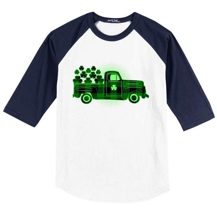 Cute St Patrick's Day Plaid Pick Up Truck Full Of Shamrocks Clovers Baseball Sleeve Shirt