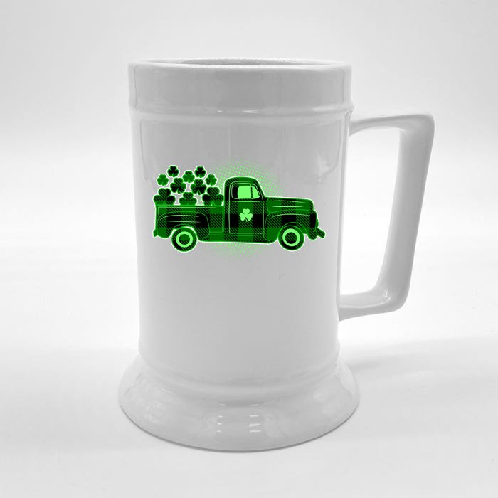 Cute St Patrick's Day Plaid Pick Up Truck Full Of Shamrocks Clovers Front & Back Beer Stein