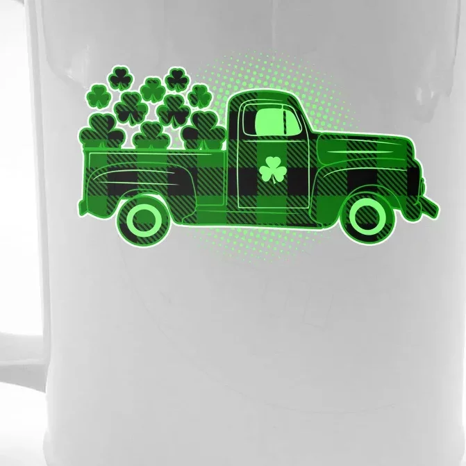 Cute St Patrick's Day Plaid Pick Up Truck Full Of Shamrocks Clovers Front & Back Beer Stein