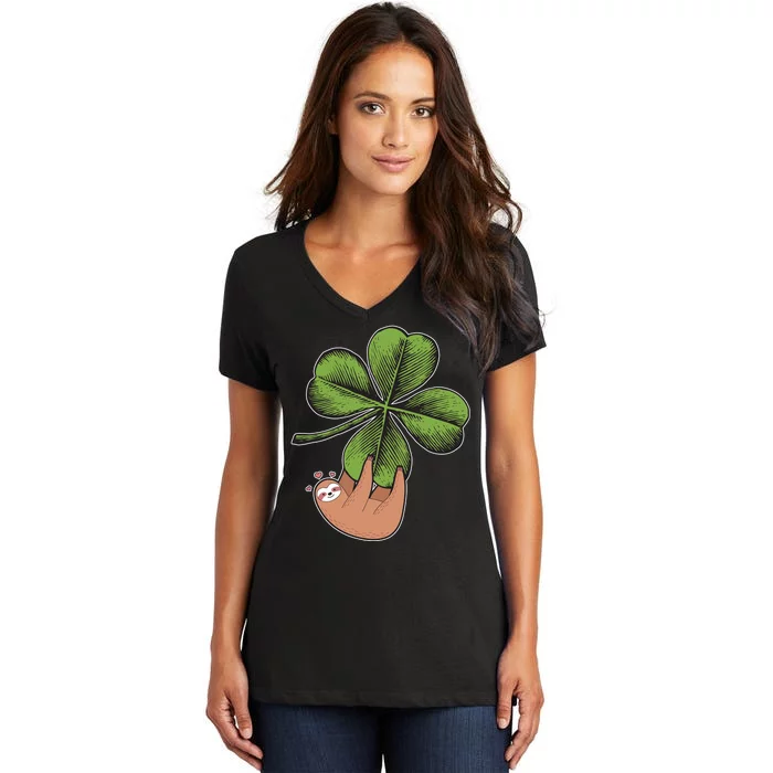 Cute St Patrick's Day Shamrock Sloth Women's V-Neck T-Shirt