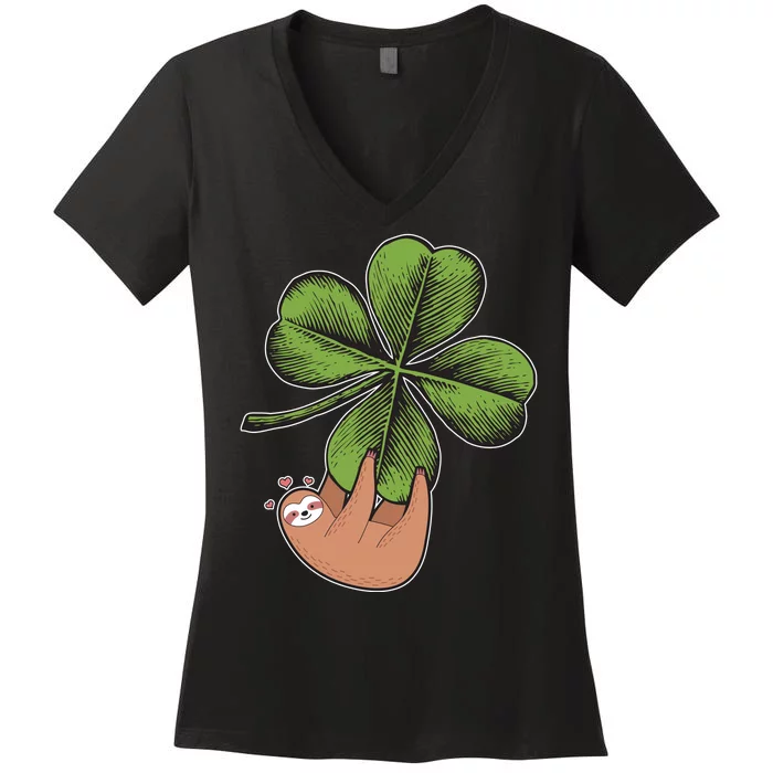 Cute St Patrick's Day Shamrock Sloth Women's V-Neck T-Shirt