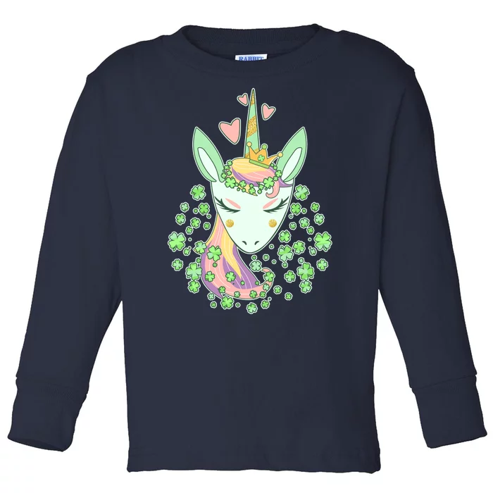 Cute St Patrick's Day Unicorn Shamrocks Clovers Toddler Long Sleeve Shirt