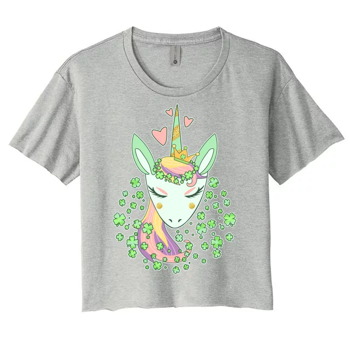 Cute St Patrick's Day Unicorn Shamrocks Clovers Women's Crop Top Tee