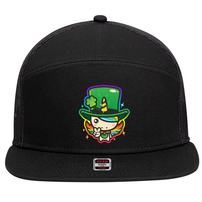 Cute St Patricks Leprechaun Rainbow Unicorn 7 Panel Mesh Trucker Snapback Hat