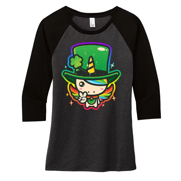 Cute St Patricks Leprechaun Rainbow Unicorn Women's Tri-Blend 3/4-Sleeve Raglan Shirt