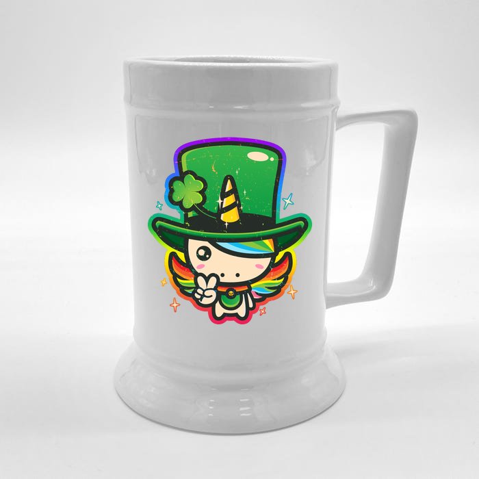 Cute St Patricks Leprechaun Rainbow Unicorn Front & Back Beer Stein