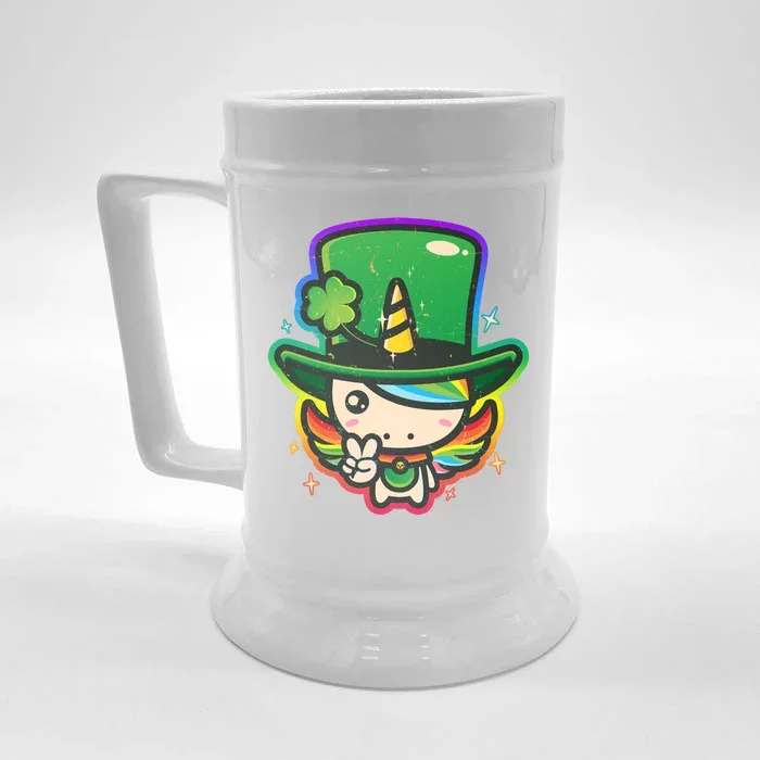 Cute St Patricks Leprechaun Rainbow Unicorn Front & Back Beer Stein