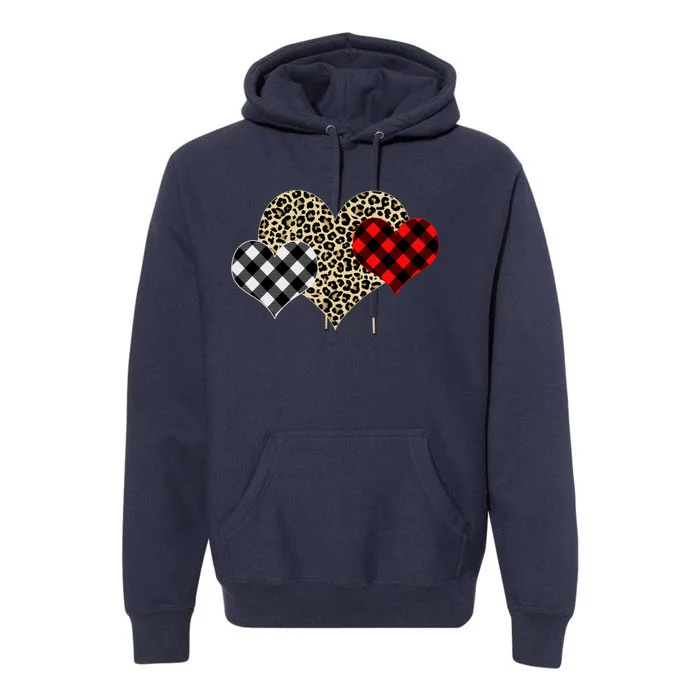 Cute Stylish Leopard Plaid Print Valentine Hearts Premium Hoodie