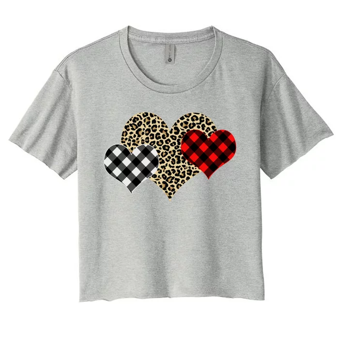 Cute Stylish Leopard Plaid Print Valentine Hearts Women's Crop Top Tee