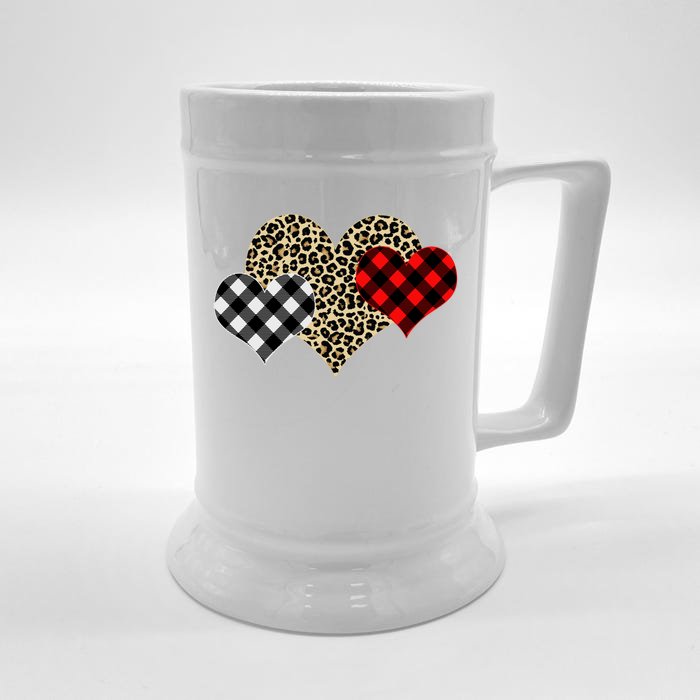 Cute Stylish Leopard Plaid Print Valentine Hearts Front & Back Beer Stein