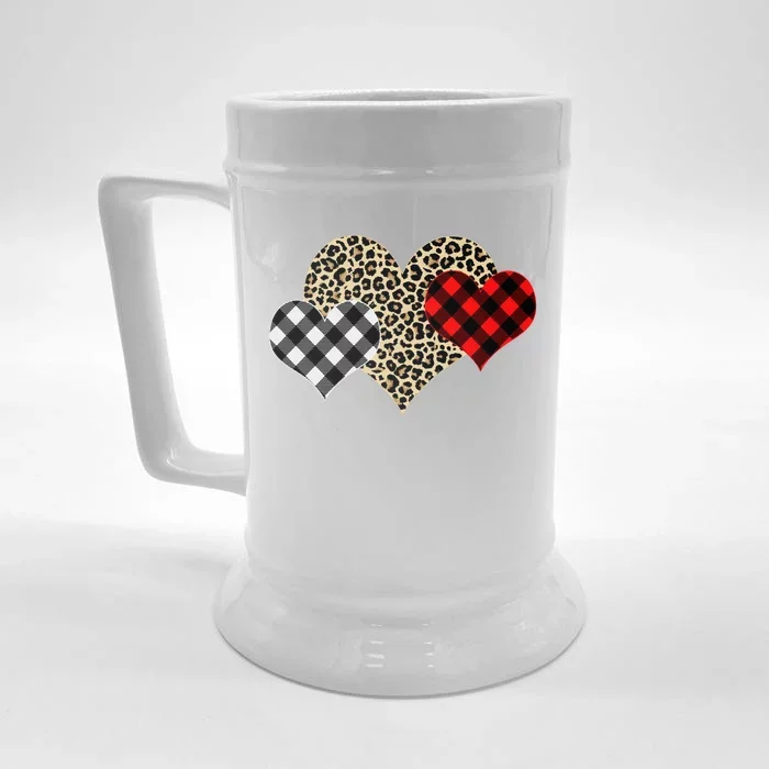 Cute Stylish Leopard Plaid Print Valentine Hearts Front & Back Beer Stein