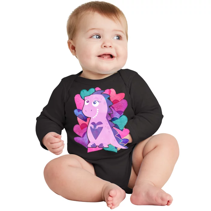 Cute T-Rex Valentine Full Of Hearts Baby Long Sleeve Bodysuit