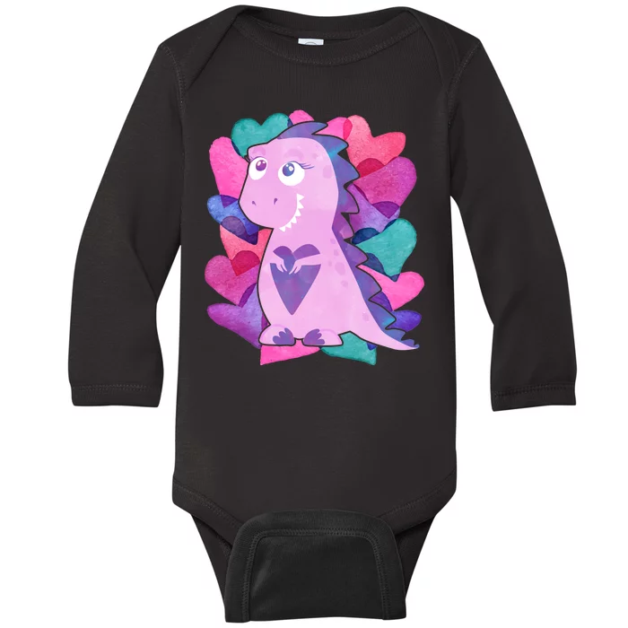 Cute T-Rex Valentine Full Of Hearts Baby Long Sleeve Bodysuit