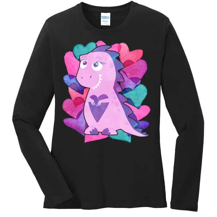 Cute T-Rex Valentine Full Of Hearts Ladies Long Sleeve Shirt