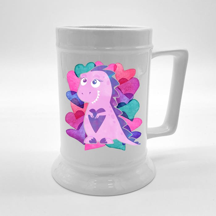 Cute T-Rex Valentine Full Of Hearts Front & Back Beer Stein